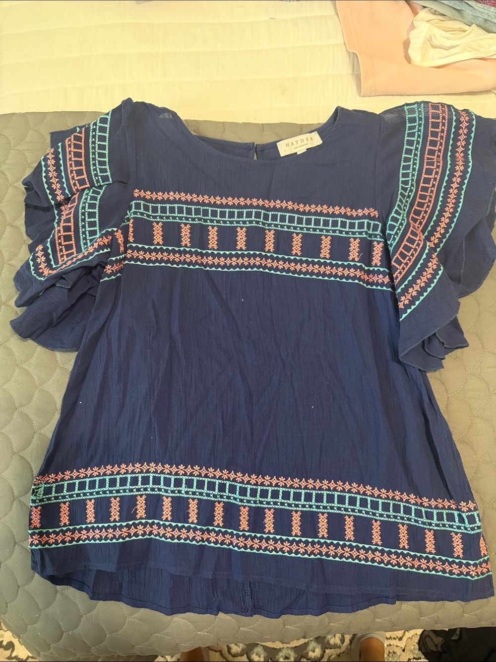 Hayden Navy Embroidered Flutter Sleeve Blouse